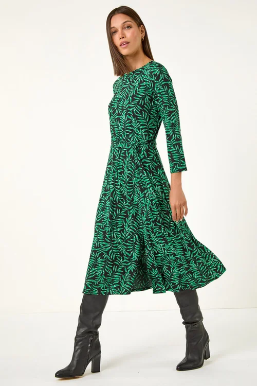Roman Green Leaf Print Stretch Belted Dress - 10 Image 3