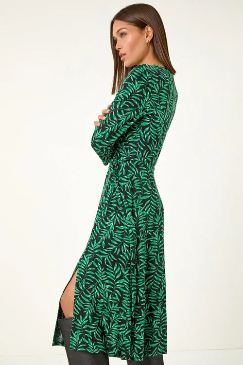 Roman Green Leaf Print Stretch Belted Dress - 10 Image 2