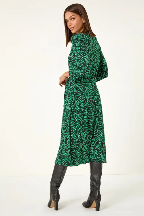 Roman Green Leaf Print Stretch Belted Dress - 10 Image 4