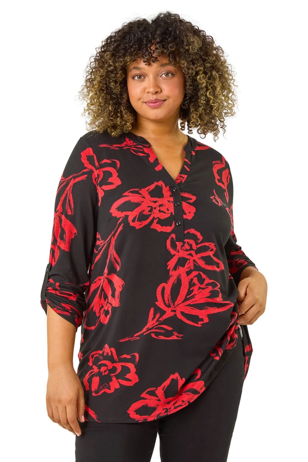 Roman Red Curve Stretch Jersey Floral Top - Size 16 Image 1
