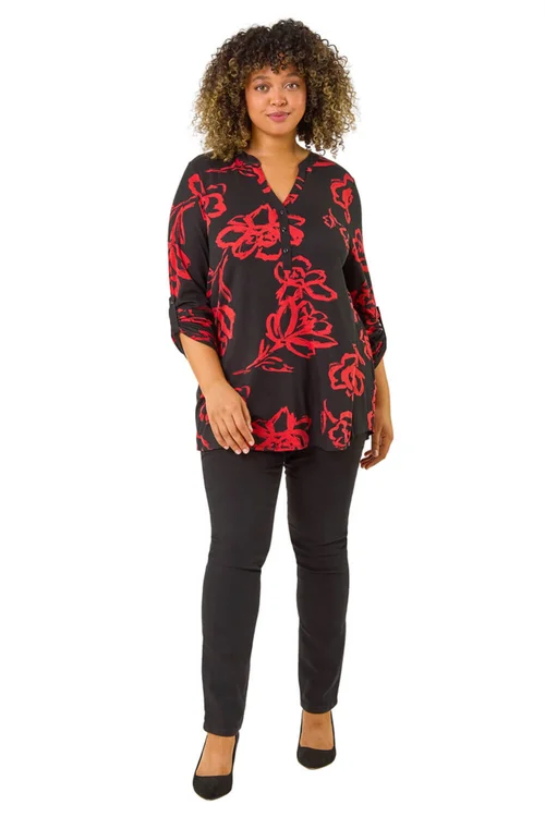 Roman Red Curve Stretch Jersey Floral Top - Size 16 Image 2
