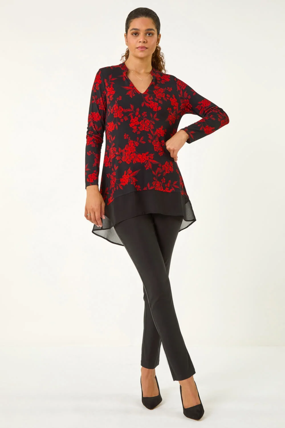 Roman Red Floral Chiffon Hem Blouse - 10 Image 2