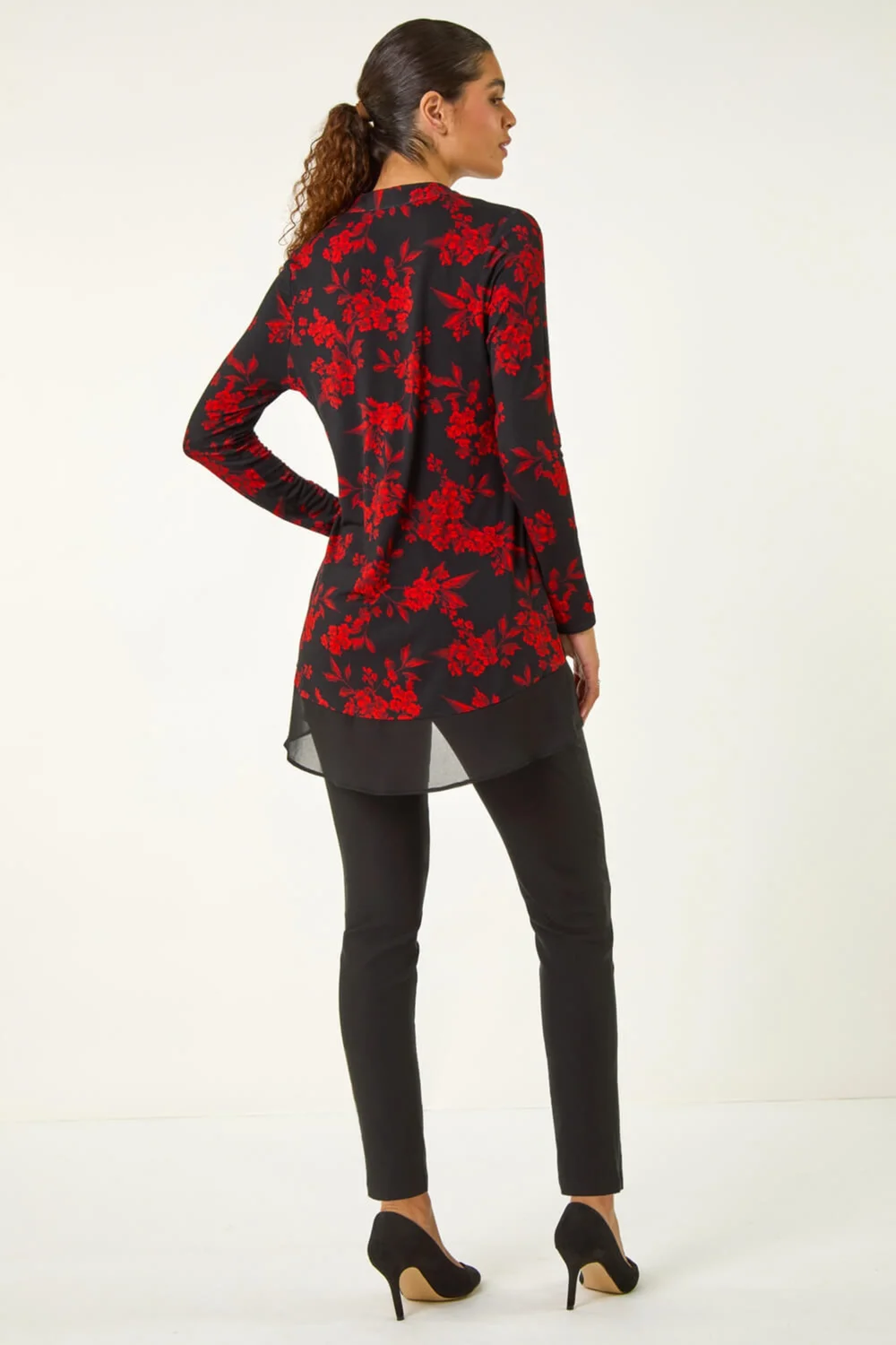 Roman Red Floral Chiffon Hem Blouse - 10 Image 3