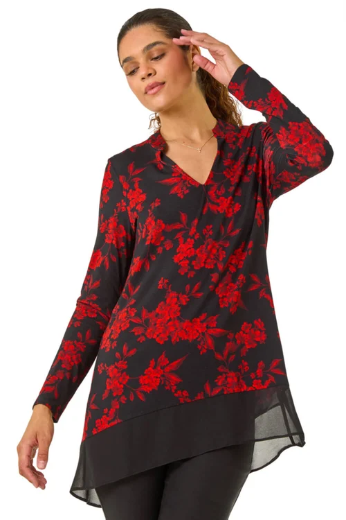 Roman Red Floral Chiffon Hem Blouse - 10 Image 1