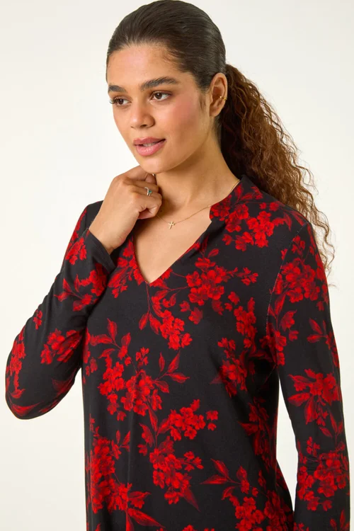 Roman Red Floral Chiffon Hem Blouse - 10 Image 4