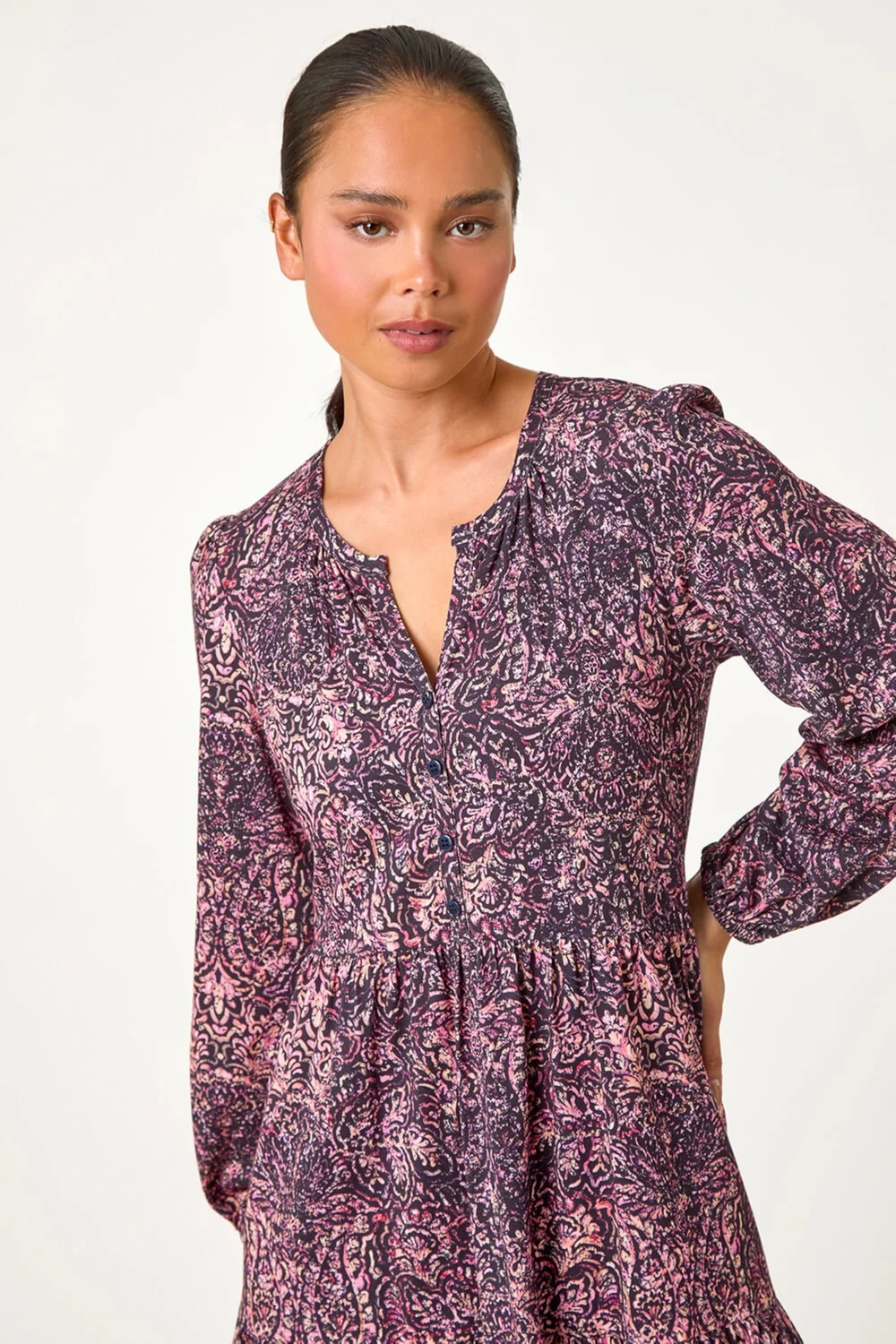 Roman Navy Petite Paisley Tiered Stretch Dress - 18 Image 4