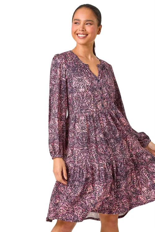 Roman Navy Petite Paisley Tiered Stretch Dress - 18 Image 1