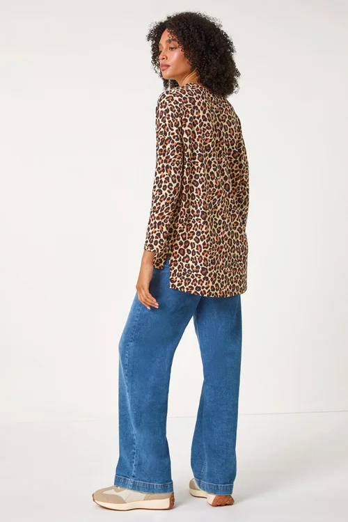 Roman Natural Animal Print V-Neck Tunic Stretch Top - Size 14 Image 3