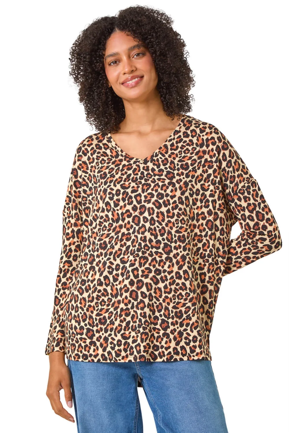 Roman Natural Animal Print V-Neck Tunic Stretch Top - Size 14 Image 1