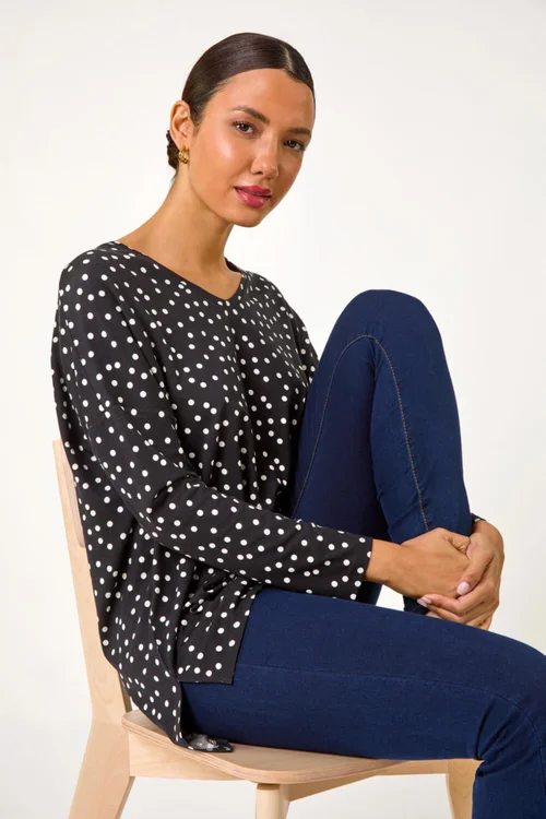 Roman Black Spot Print Stretch Tunic Top - Size 14 Image 2