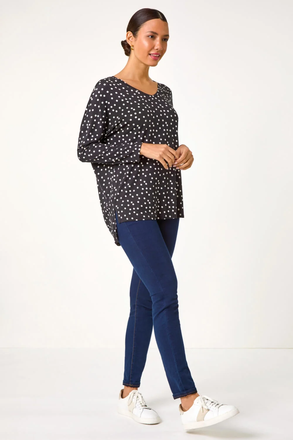 Roman Black Spot Print Stretch Tunic Top - Size 14 Image 3