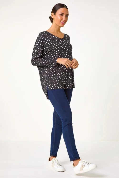 Roman Black Spot Print Stretch Tunic Top - Size 14 Image 3