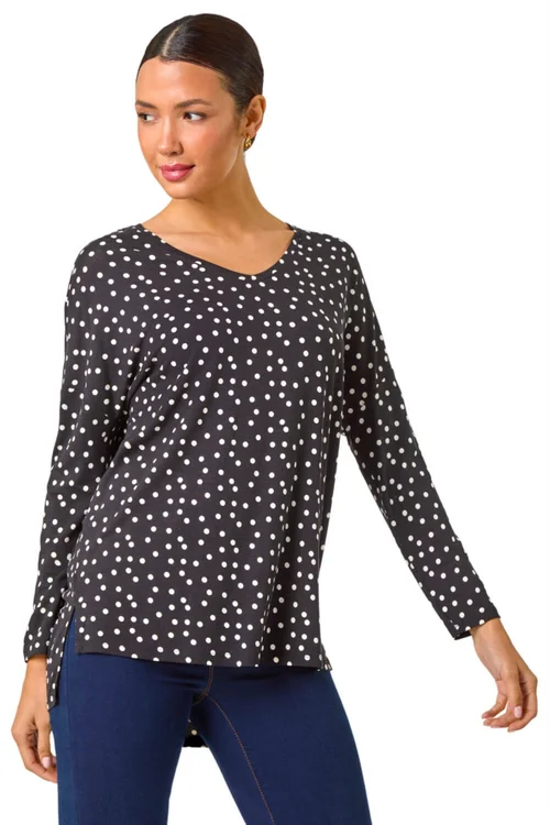 Roman Black Spot Print Stretch Tunic Top - Size 14 Image 1