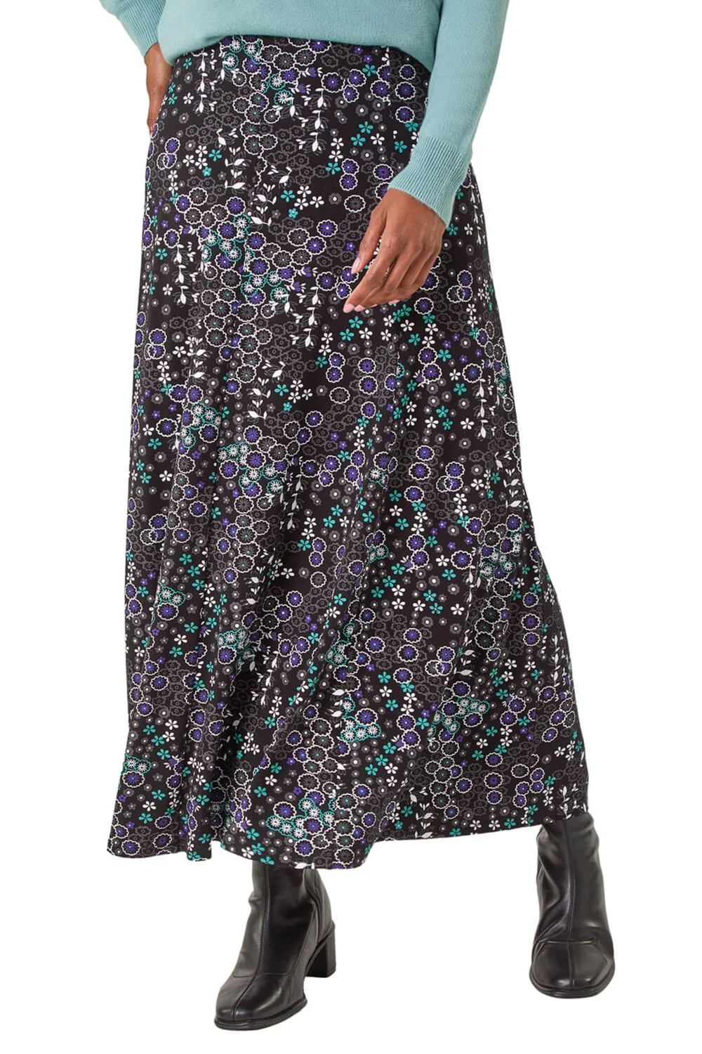 Roman Blue Ditsy Floral Print Stretch Midi Skirt - Size 10 Image 1