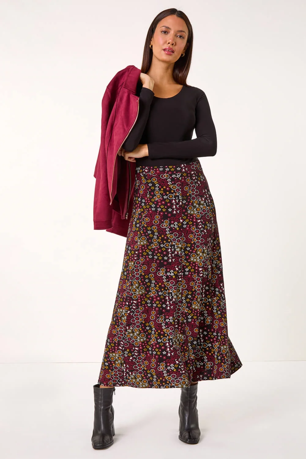 Roman Red Ditsy Floral Print Stretch Midi Skirt - Size 10 Image 3