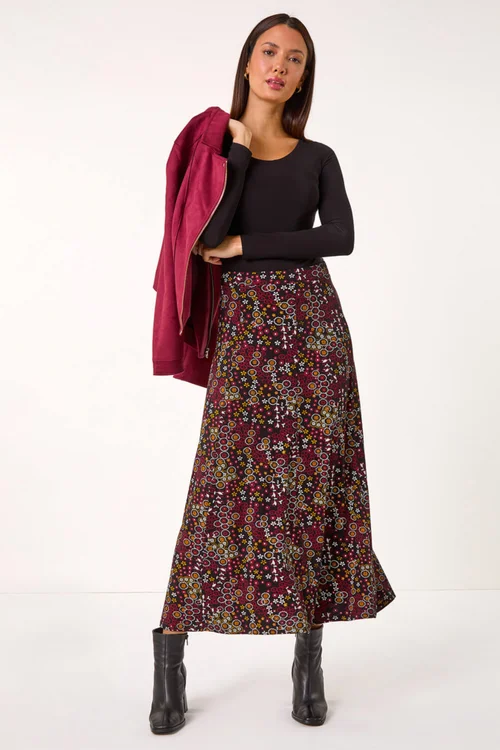 Roman Red Ditsy Floral Print Stretch Midi Skirt - Size 10 Image 3