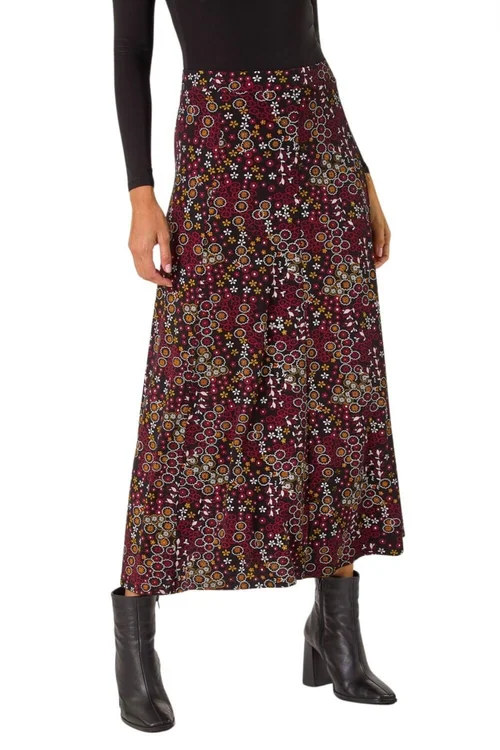 Roman Red Ditsy Floral Print Stretch Midi Skirt - Size 10 Image 1
