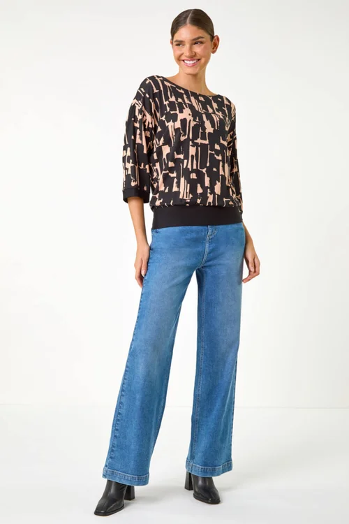 Roman Black Abstract Banded Hem Stretch Top - 10 Image 2