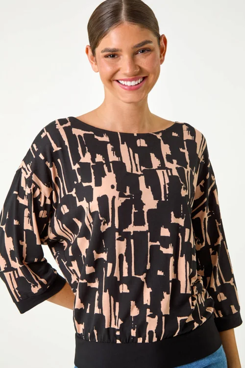 Roman Black Abstract Banded Hem Stretch Top - 10 Image 4