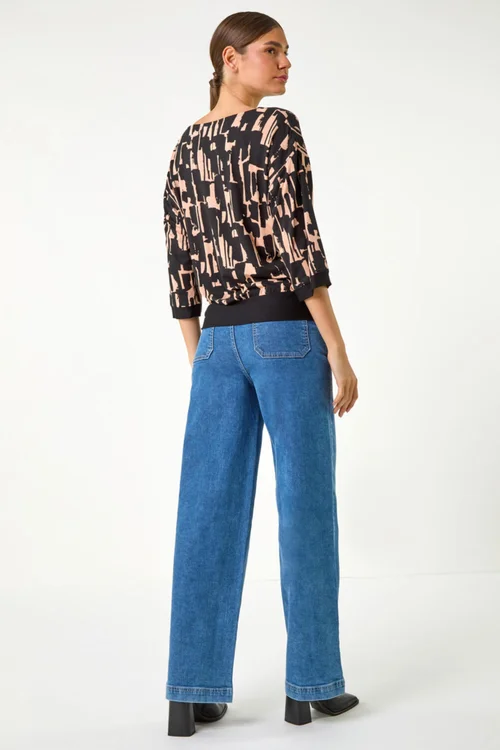 Roman Black Abstract Banded Hem Stretch Top - 10 Image 3
