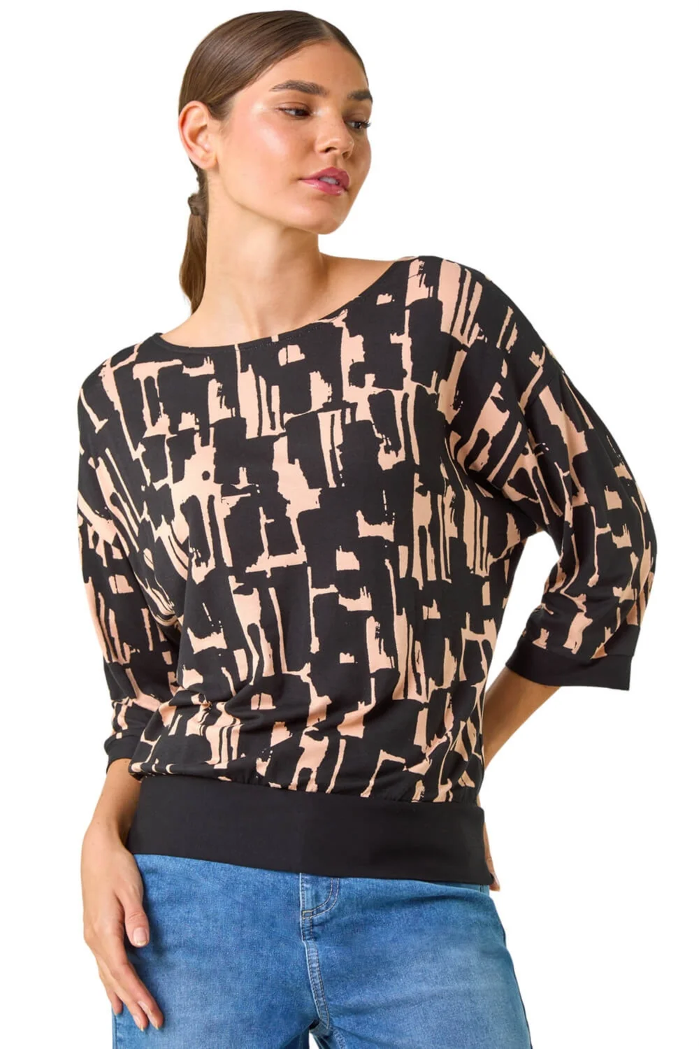 Roman Black Abstract Banded Hem Stretch Top - 10 Image 1
