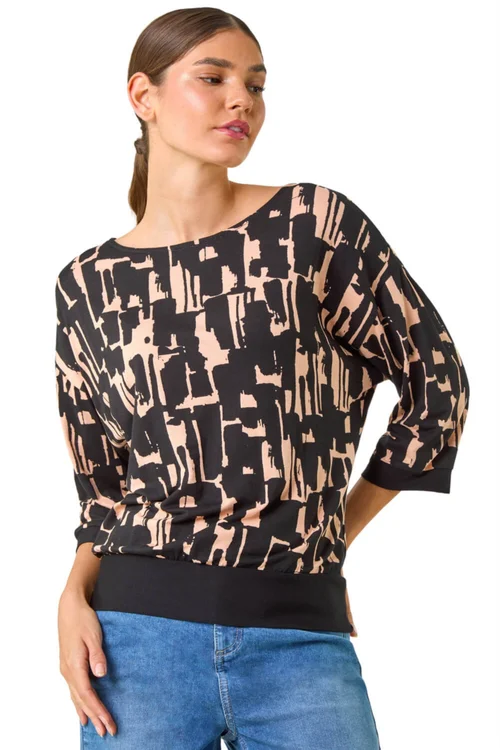 Roman Black Abstract Banded Hem Stretch Top - 10 Image 1