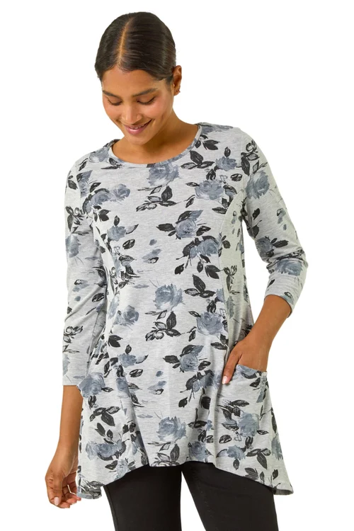 Roman Grey Floral Print Pocket Detail Tunic Stretch Top - Size 16 Image 1