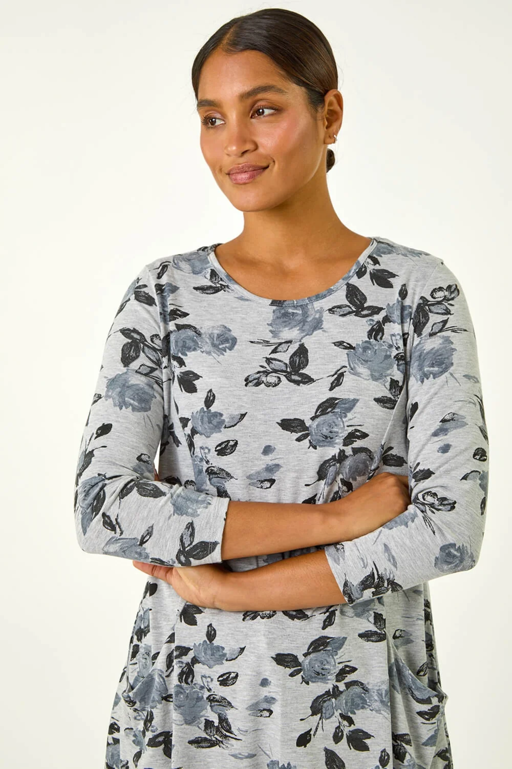 Roman Grey Floral Print Pocket Detail Tunic Stretch Top - Size 16 Image 4