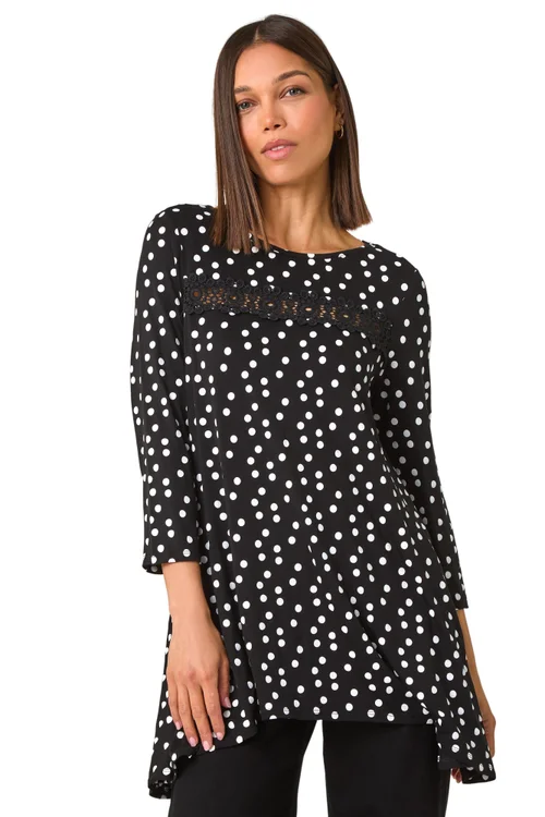 Roman Black Spot Print Lace Trim Stretch Top - Size 24 Image 1