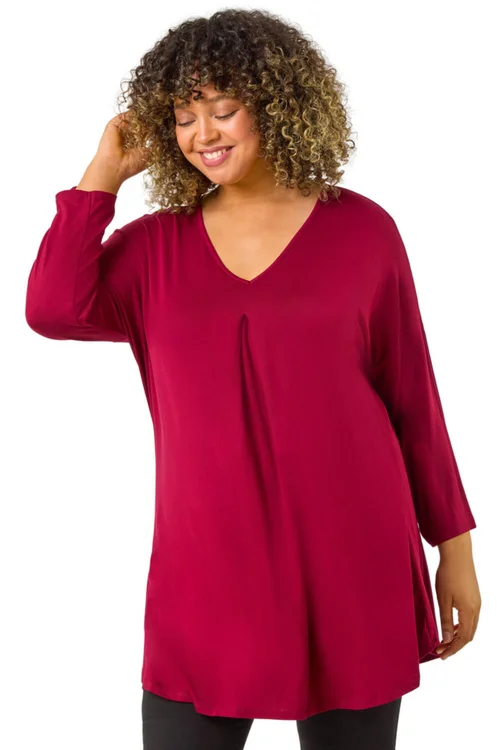 Roman Maroon Curve V-Neck Pleat Tunic Top - Size 20 Image 1