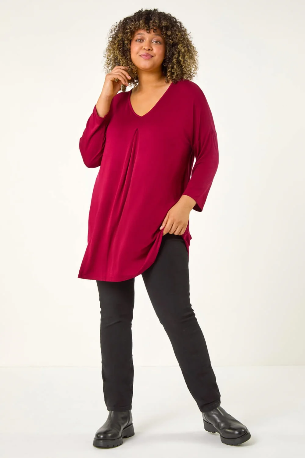 Roman Maroon Curve V-Neck Pleat Tunic Top - Size 20 Image 2
