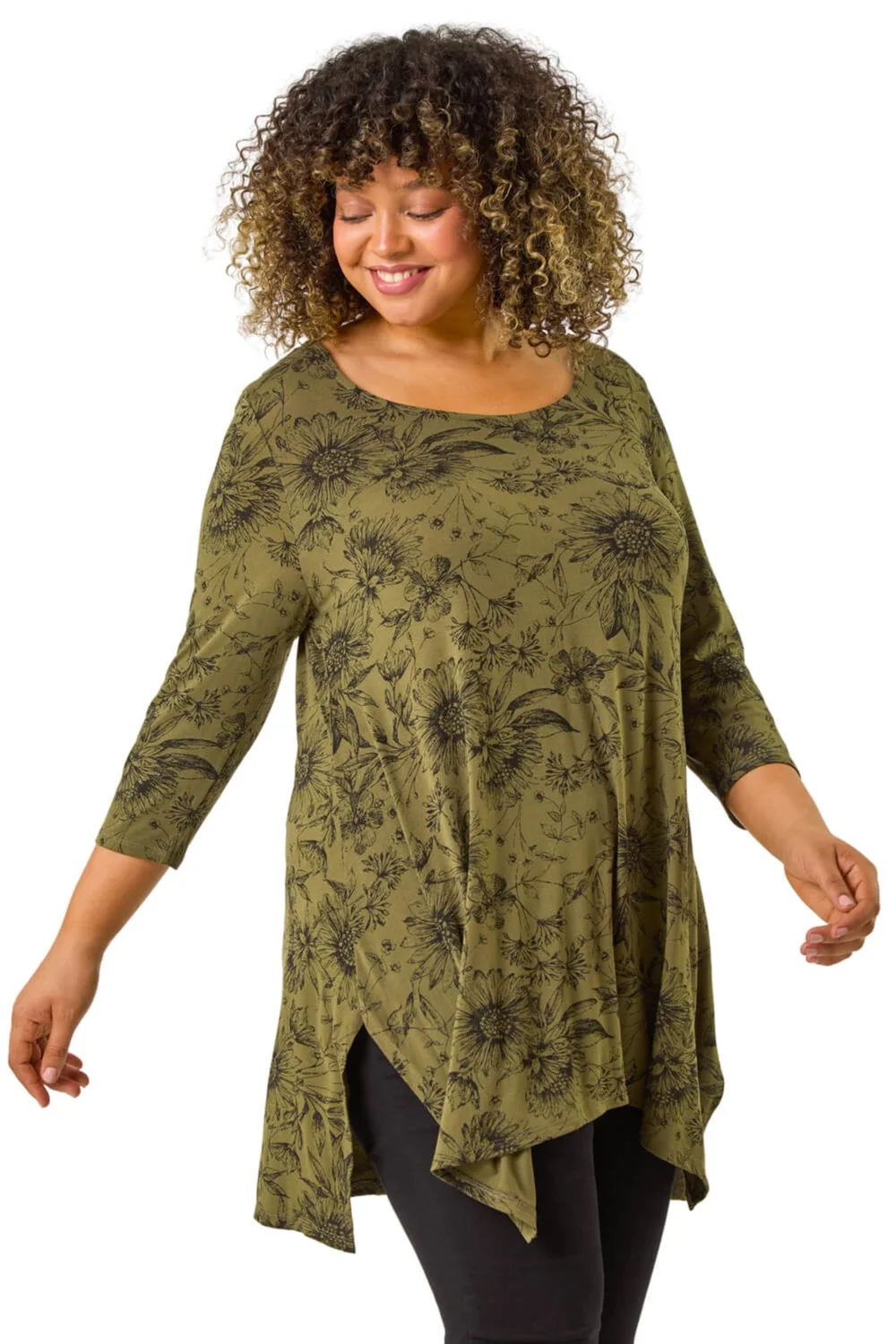 Roman Khaki Curve Floral Bar Back Top - Size 18 Image 1