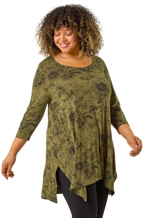 Roman Khaki Curve Floral Bar Back Top - Size 18 Image 1
