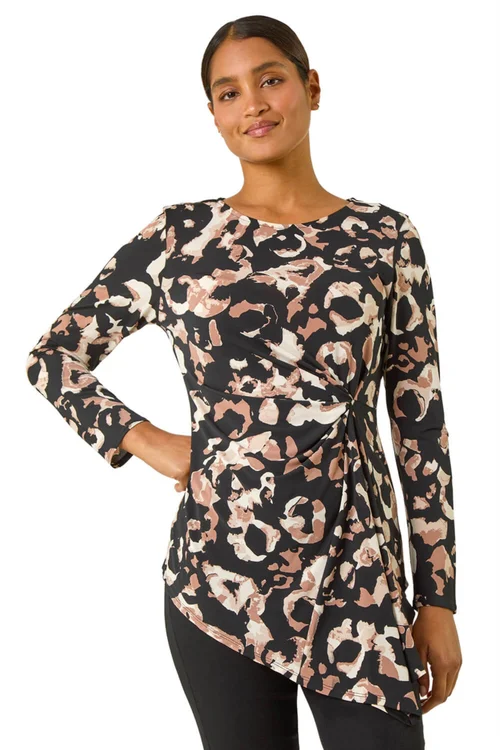 Roman Black Stretch Animal Print Twist Top - 10 Image 1
