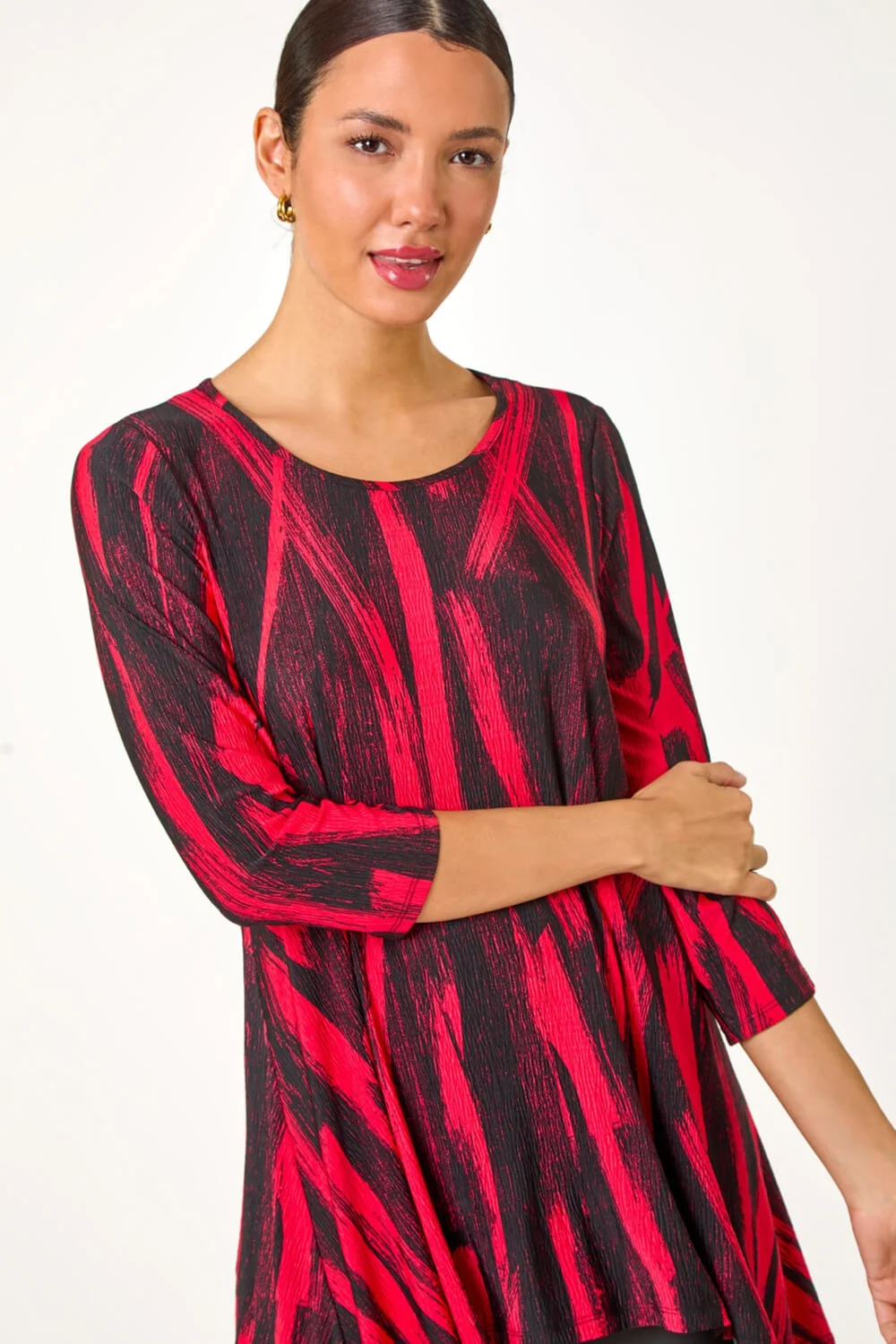 Roman Red Brush Print Hanky Hem Stretch Tunic Top - Size 10 Image 4