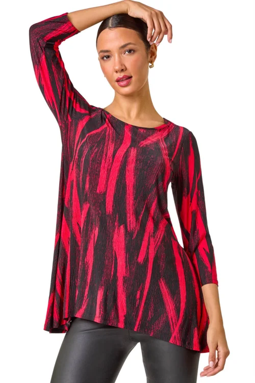 Roman Red Brush Print Hanky Hem Stretch Tunic Top - Size 10 Image 1