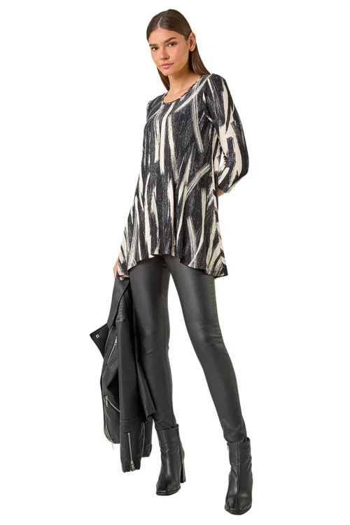 Roman Beige Brush Print Hanky Hem Stretch Tunic Top - Size 14 Image 2