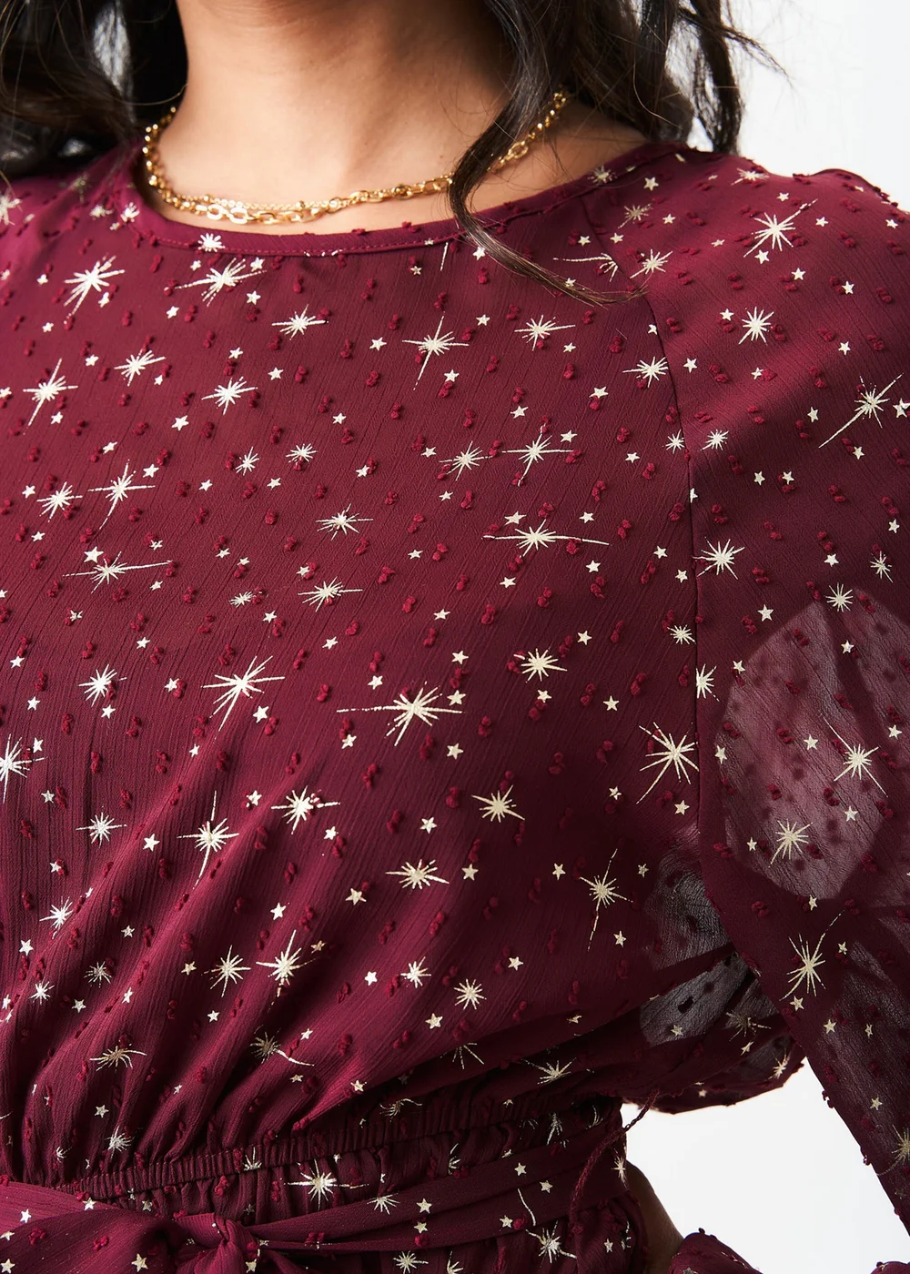 Gini London Burgundy Star Print Long Sleeve Mini Dress - S/M Image 3