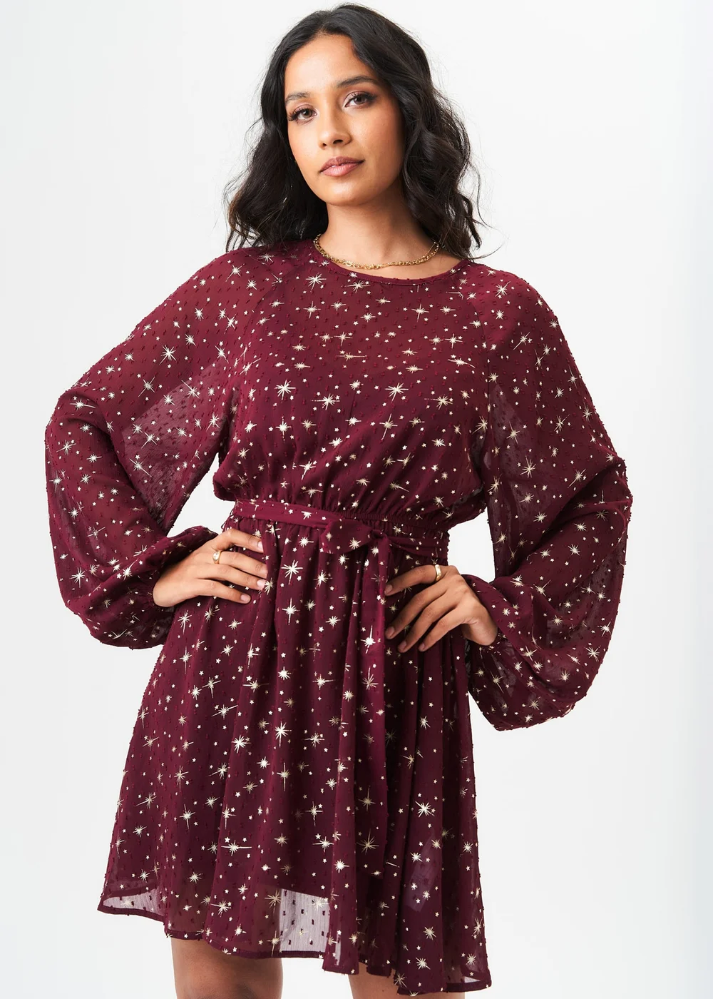 Gini London Burgundy Star Print Long Sleeve Mini Dress - S/M | Matalan Gini London Burgundy Star Print Long Sleeve Mini Dress - S/M | Matalan