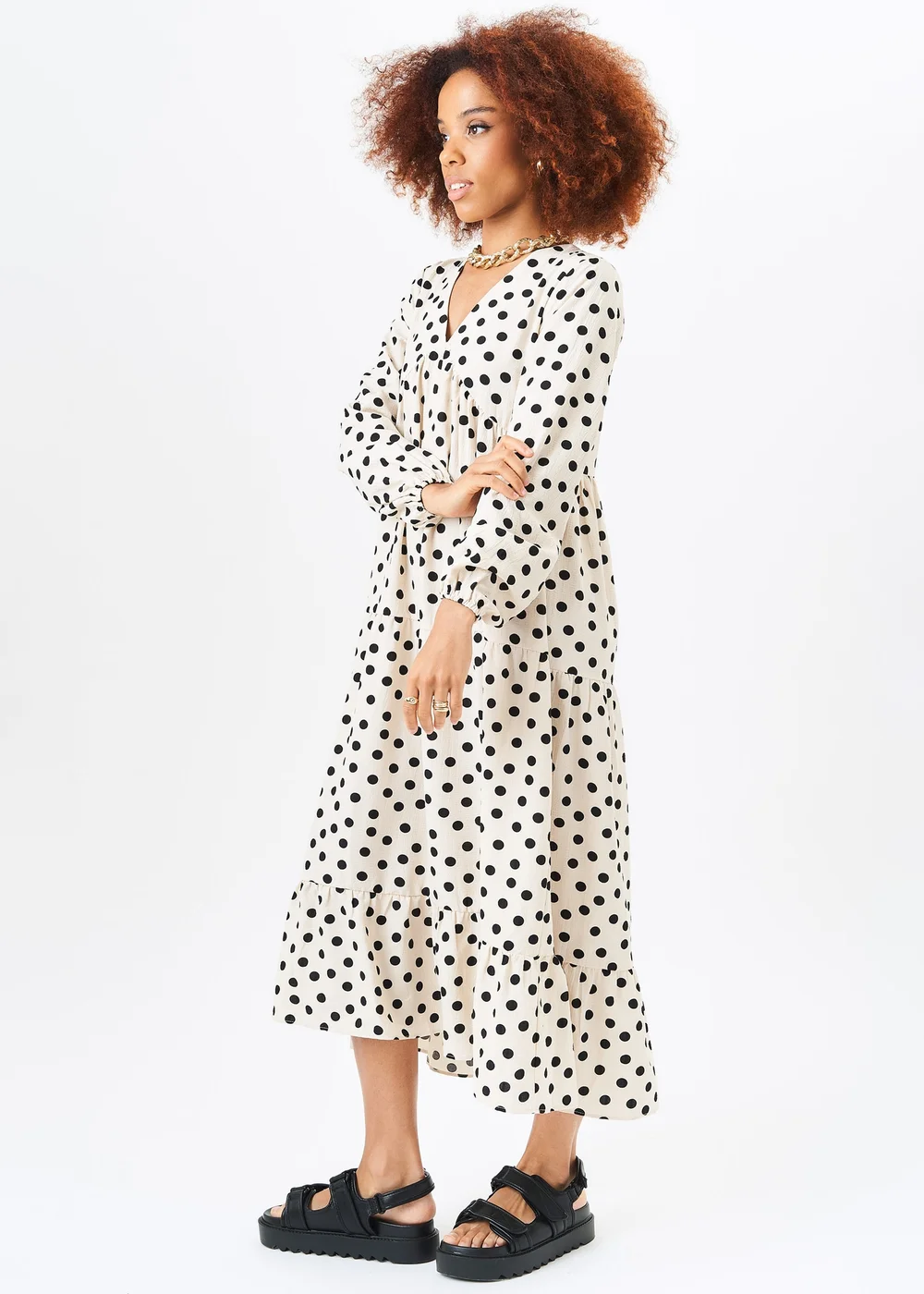Gini London Cream Long Sleeve Tiered Midi Dress - Small/Medium Image 4