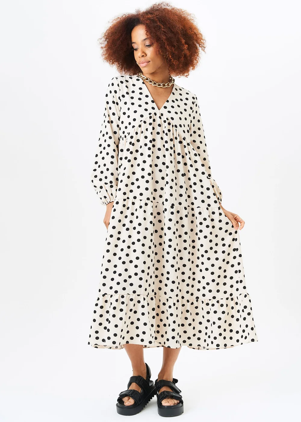 Gini London Cream Long Sleeve Tiered Midi Dress - Small/Medium Image 1