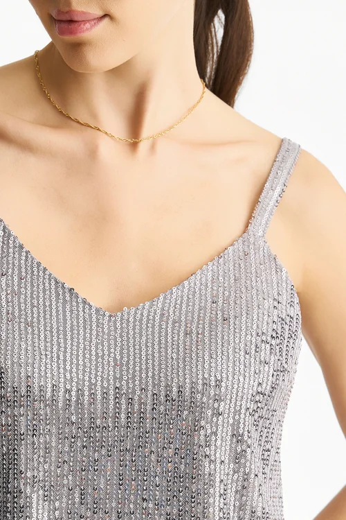 Gini London Silver Sequin V Neck Cami Top - S/M Image 3