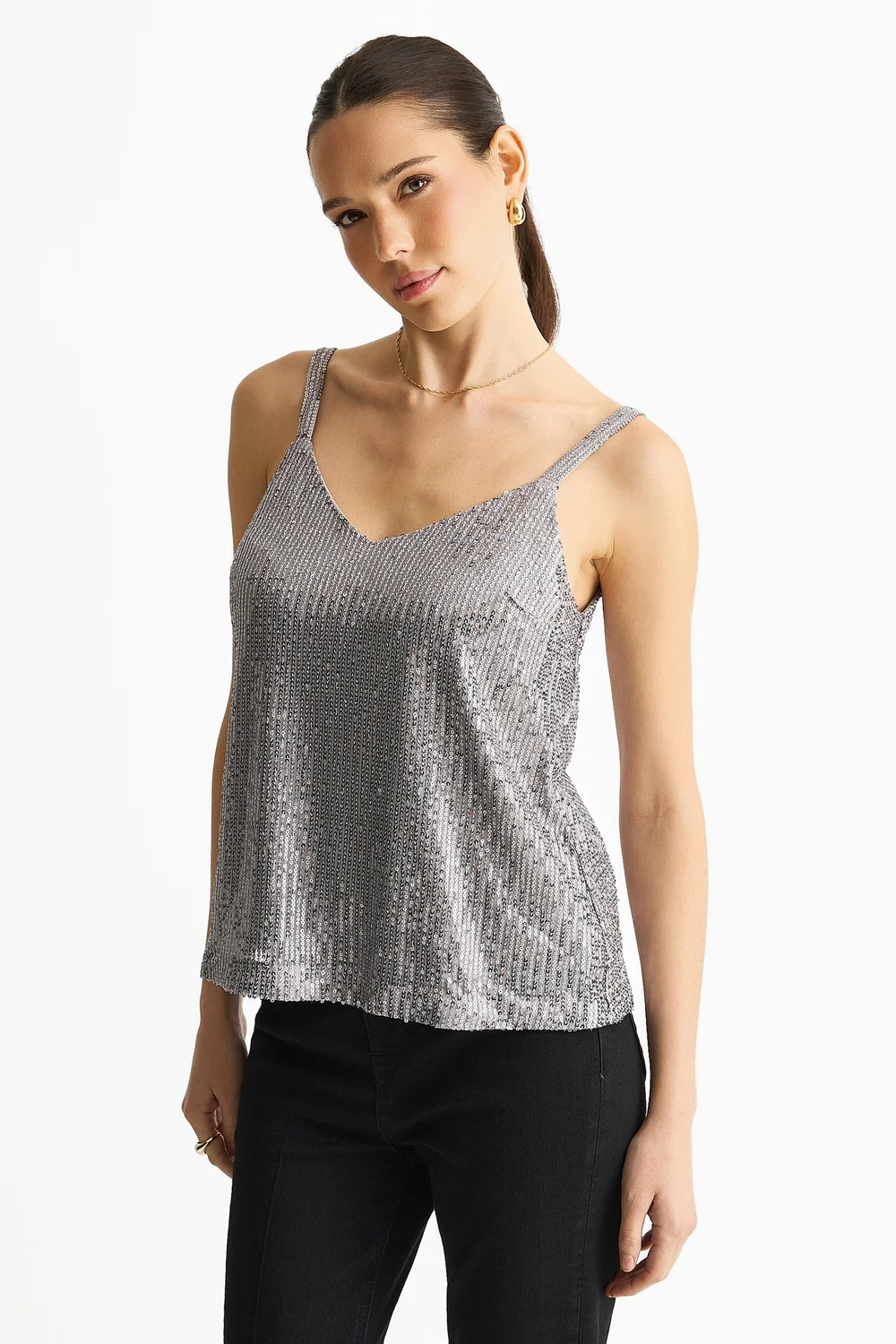 Gini London Silver Sequin V Neck Cami Top - S/M Image 4