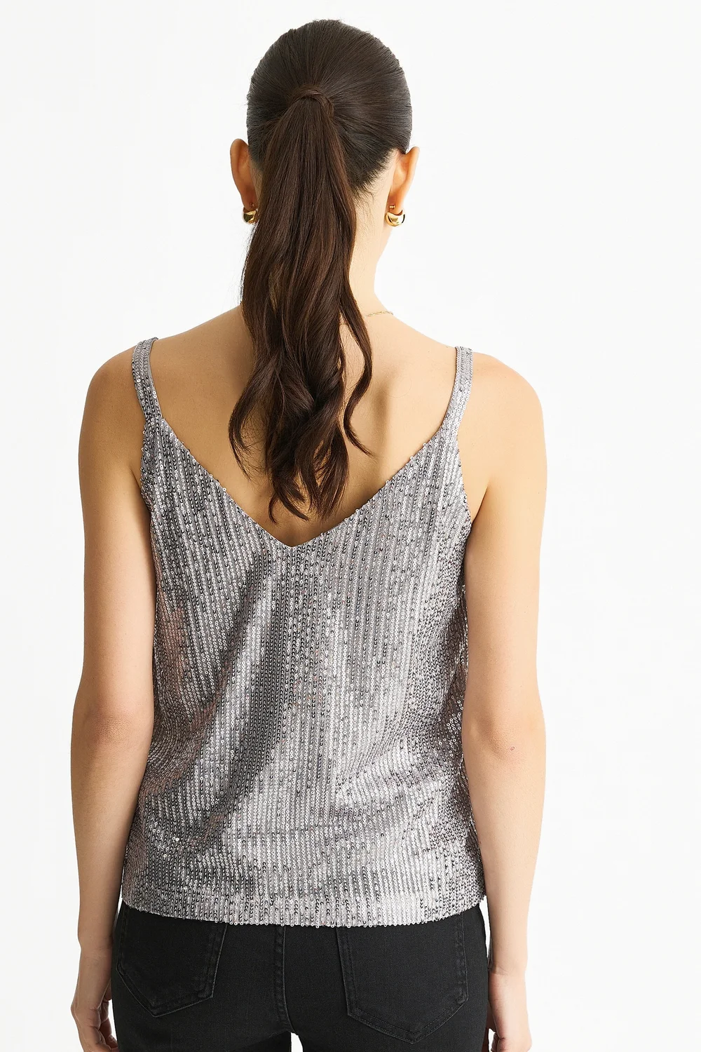 Gini London Silver Sequin V Neck Cami Top - S/M Image 2