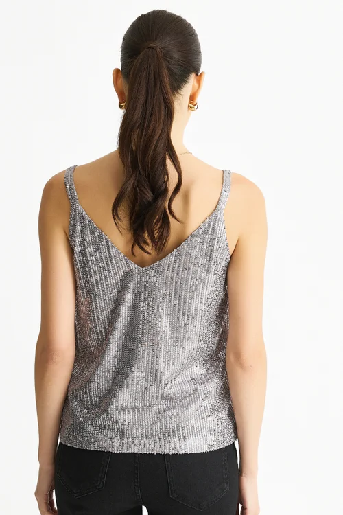 Gini London Silver Sequin V Neck Cami Top - S/M Image 2