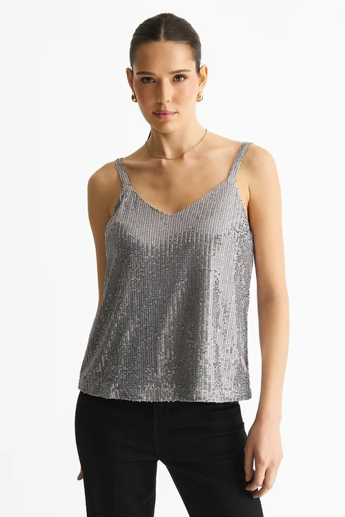 Gini London Silver Sequin V Neck Cami Top - S/M Image 1