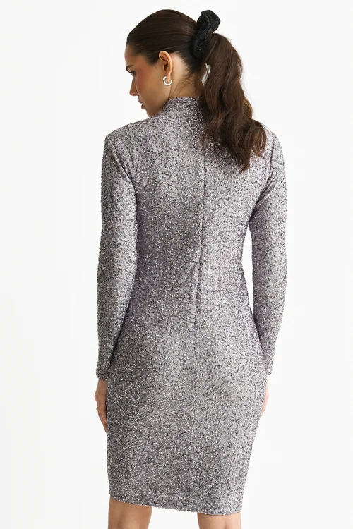 Gini London Grey Sequin High Neck Bodycon Dress - 10 Image 2