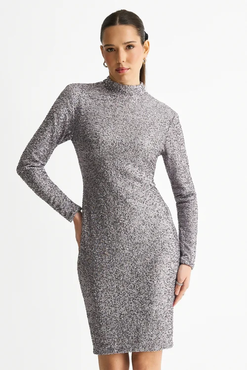 Gini London Grey Sequin High Neck Bodycon Dress - 10 Image 3