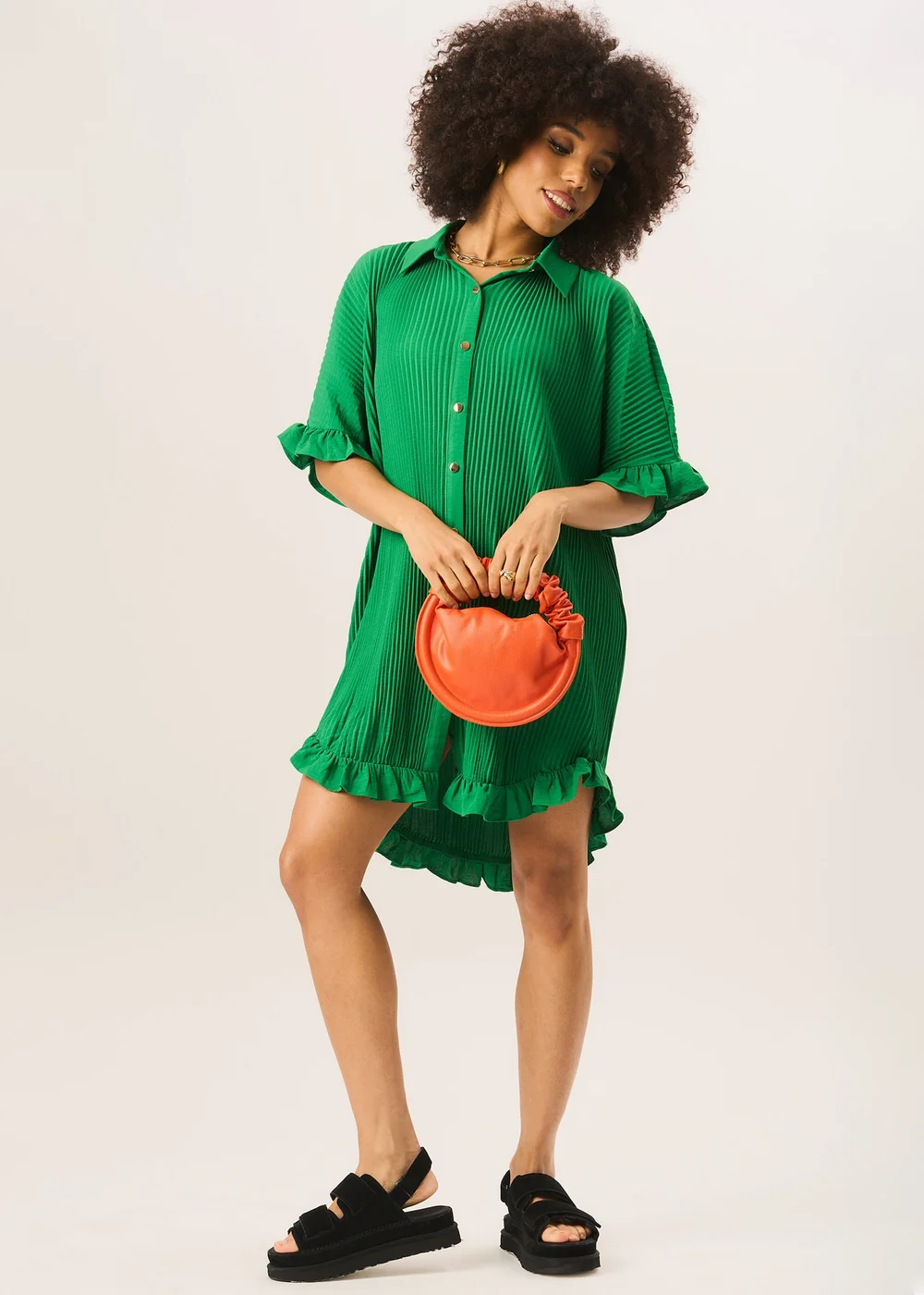 Gini London Green Plisse Frill Detail Oversized Shirt Dress - S/M | Matalan Gini London Green Plisse Frill Detail Oversized Shirt Dress - S/M | Matalan