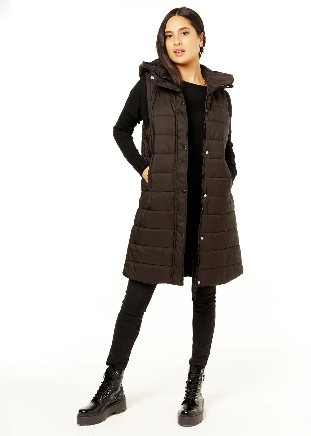 Gini London Black Longline Padded Hooded Gilet - S/M Image 1